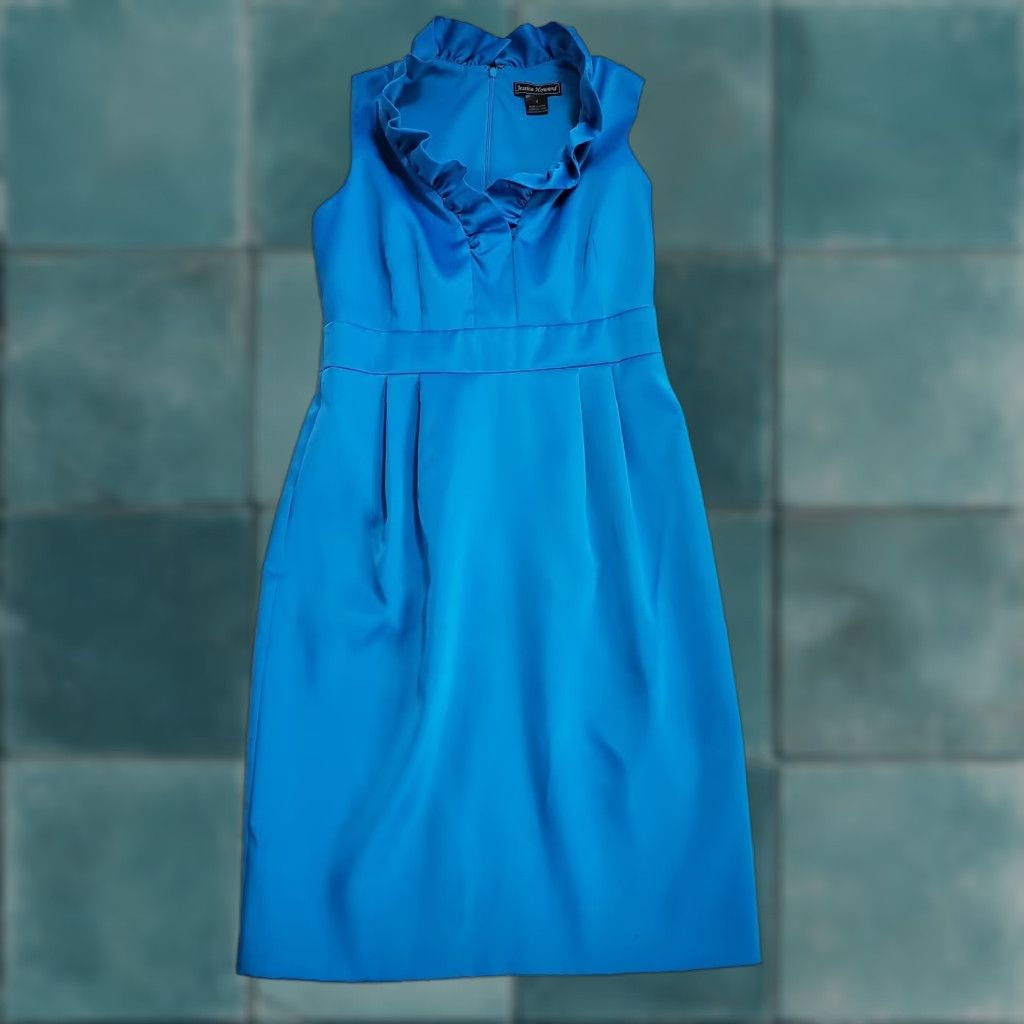 Vintage Jessica Howard Womens Dress 6 Blue Satin Knee Length Sleeveless Back Zip Ruffle Size M / US 6-8 / IT 42-44 - 1 Thumbnail