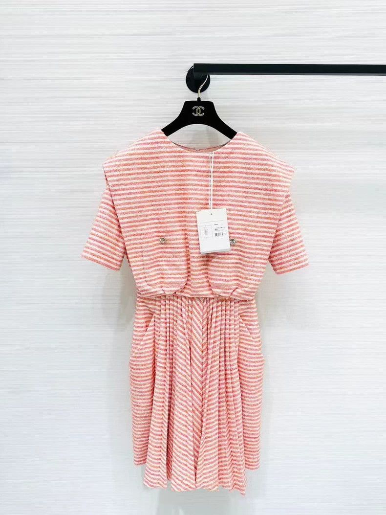 Chanel Spring and summer pink and white striped waisted dr