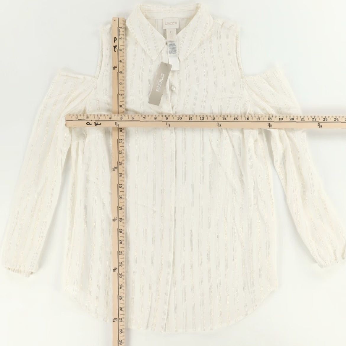 Vintage Chicos Shirt Women Cream Shimmer Strip Cold Shoulder Long Sleeve 0 Size XS / US 0-2 / IT 36-38 - 3 Thumbnail