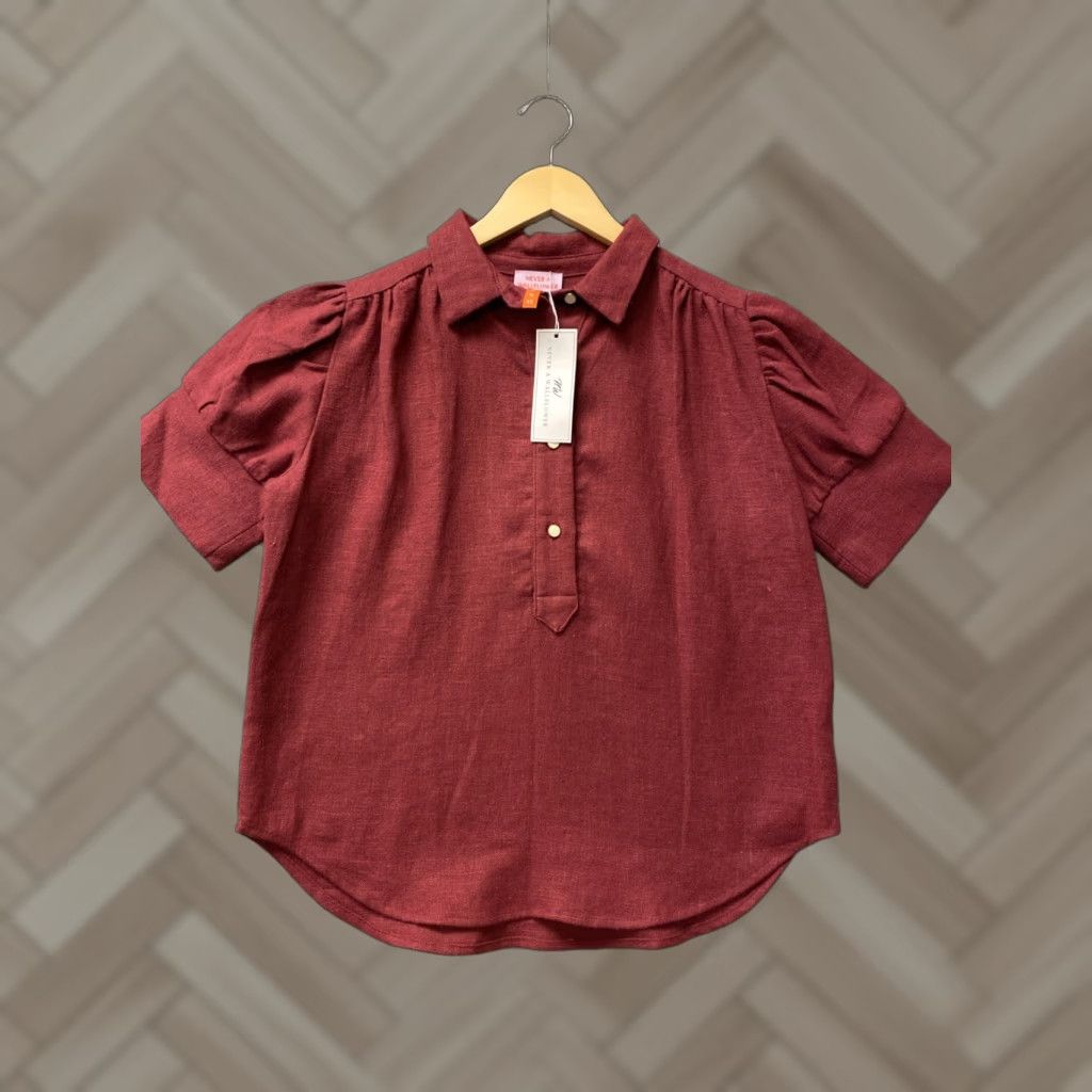 Vintage Never A Wallflower Shirt Womens Burgundy XS Short Sleeve Cotton Silk Button Round Neck Modern City design 90s? Size XS / US 0-2 / IT 36-38 - 1 Thumbnail