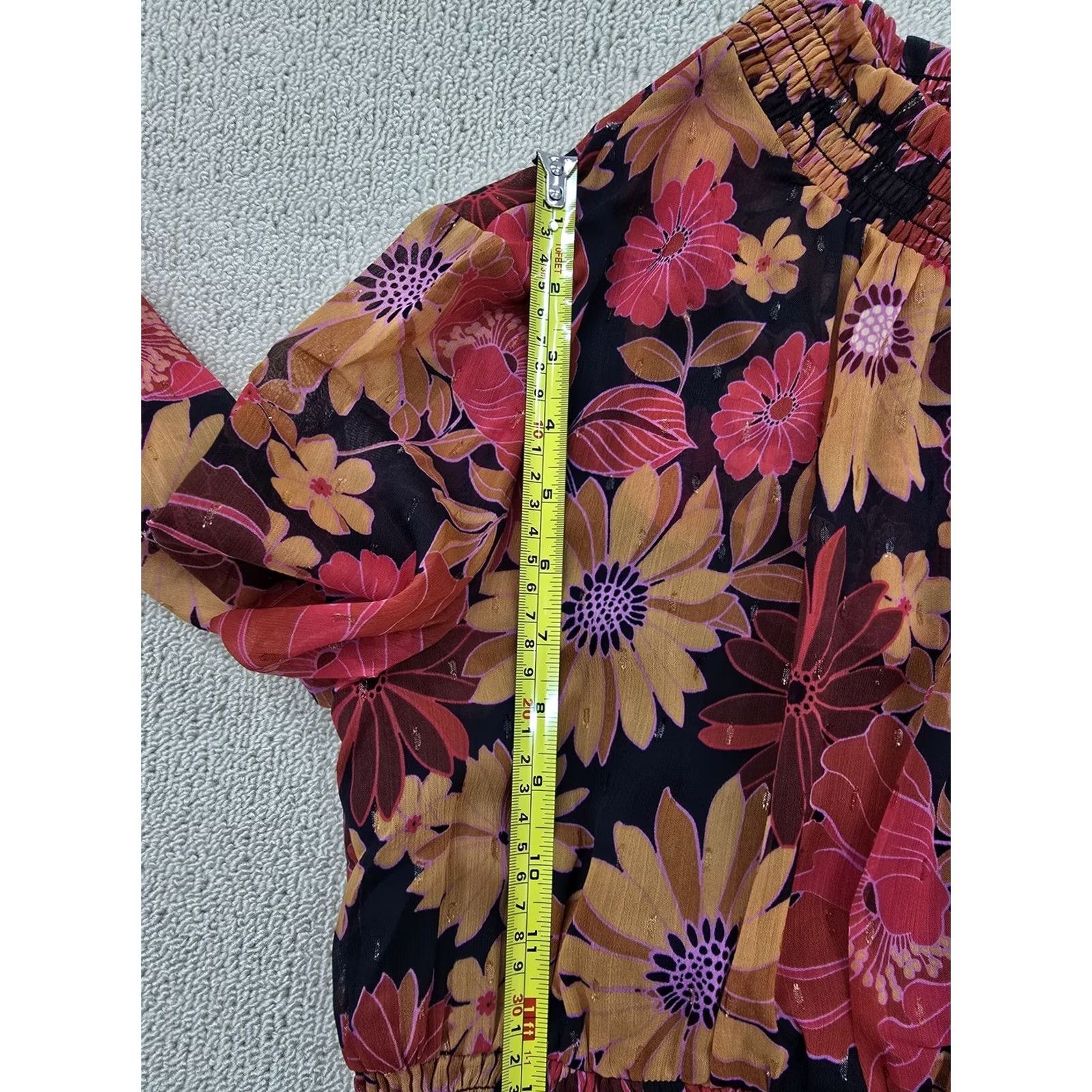 Bell BHOC Size 10 Floral Midi Chiffon Long Sleeve Bell Dress Blk Coral Size L / US 10 / IT 46 - 6 Thumbnail