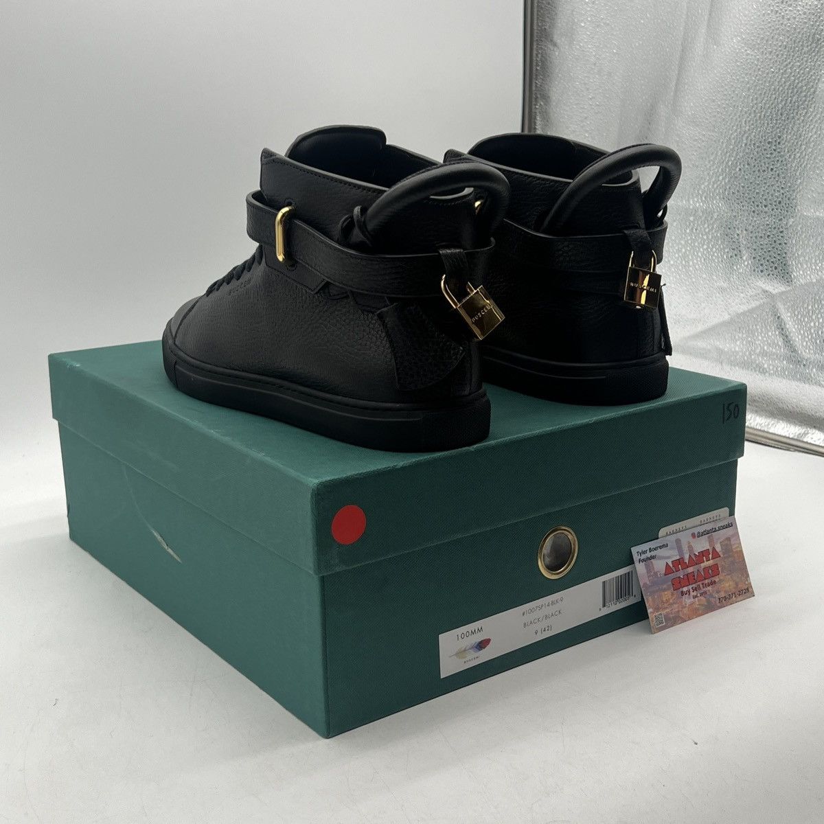 Barneys New York Buscemi 100MM Mid Top Sneakers Black Leather Gold Trainers Size US 9 / EU 42 - 4 Thumbnail