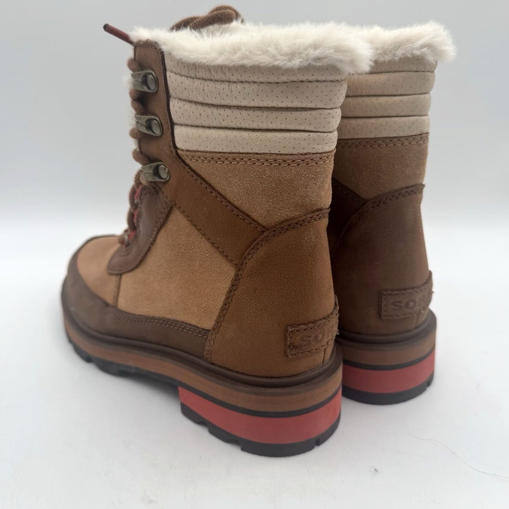 SOREL Sorel Lennox Leather/Faux Fur Trim Lace-Up Boot Velvet Tan/Warp Red Womens US 6/EU 39 M Waterproof Fall Winter Casual Boots Size US 6 / IT 36 - 2 Thumbnail