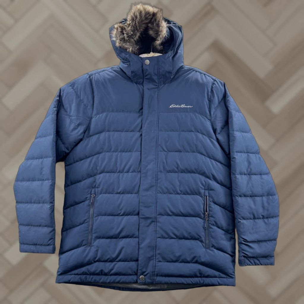Hood Mens Jacket L Blue Fur Down Fill Parka with Hooded Waterfowl Feather Down Fill Parka Jacket