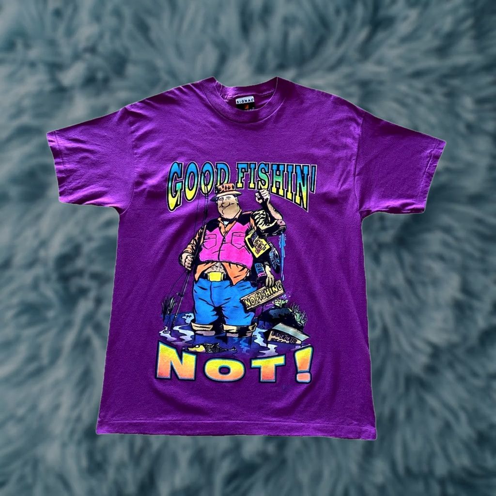 Vintage VINTAGE 90s Funny “Good Fishing…. NOT” T-Shirt Signal Sports Mens L Purple Single Stitch NWOT Size US L / EU 52-54 / 3 - 1 Thumbnail