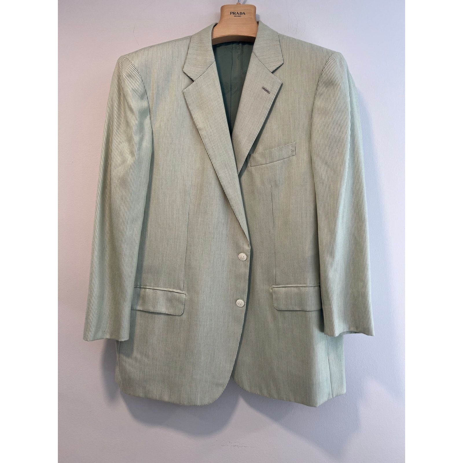 Brioni Brioni Cashmere & Silk Green White Pinstripe Suit Jacket 46R Size 46R - 2 Thumbnail