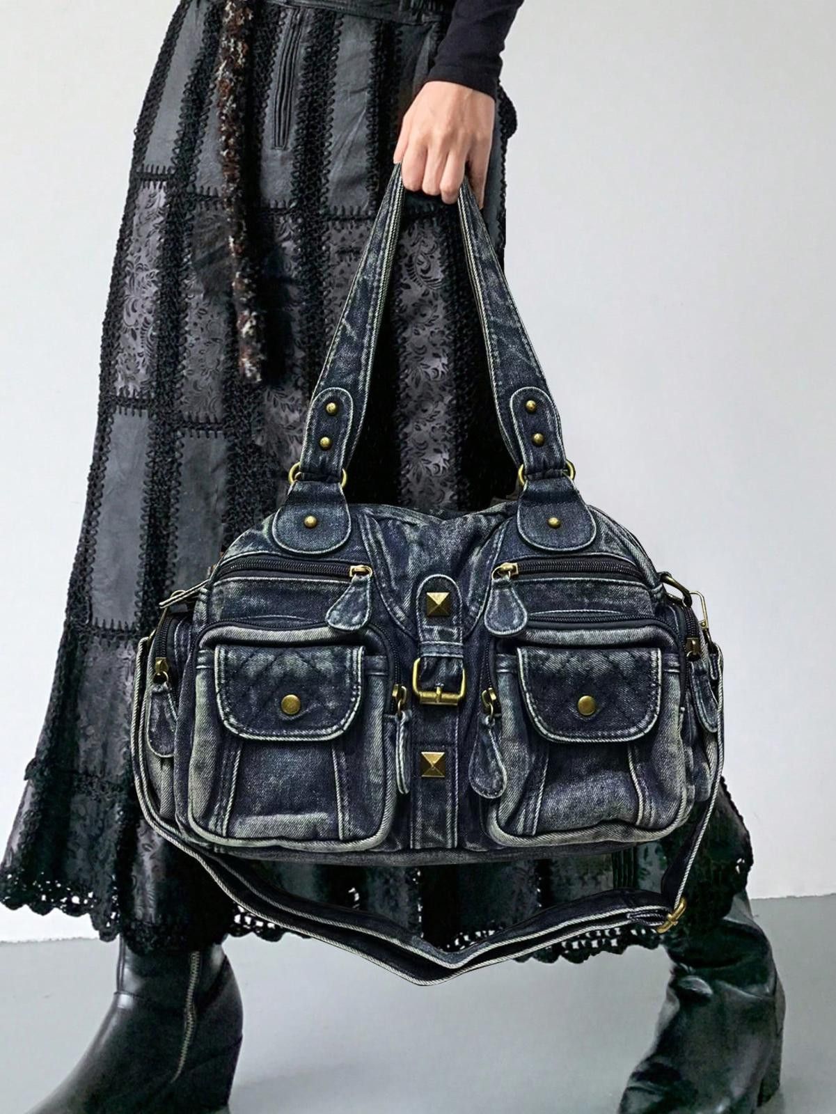 Vintage Black Vintage Style Denim Handbag with Multiple Pockets Size ONE SIZE - 6 Thumbnail