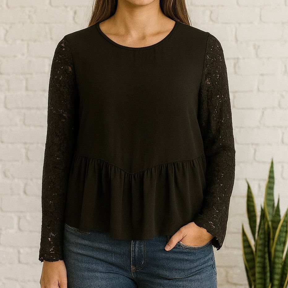 Loft LOFT Black Lace Sleeve Peplum Blouse XS NWT Size XS / US 0-2 / IT 36-38 - 3 Thumbnail