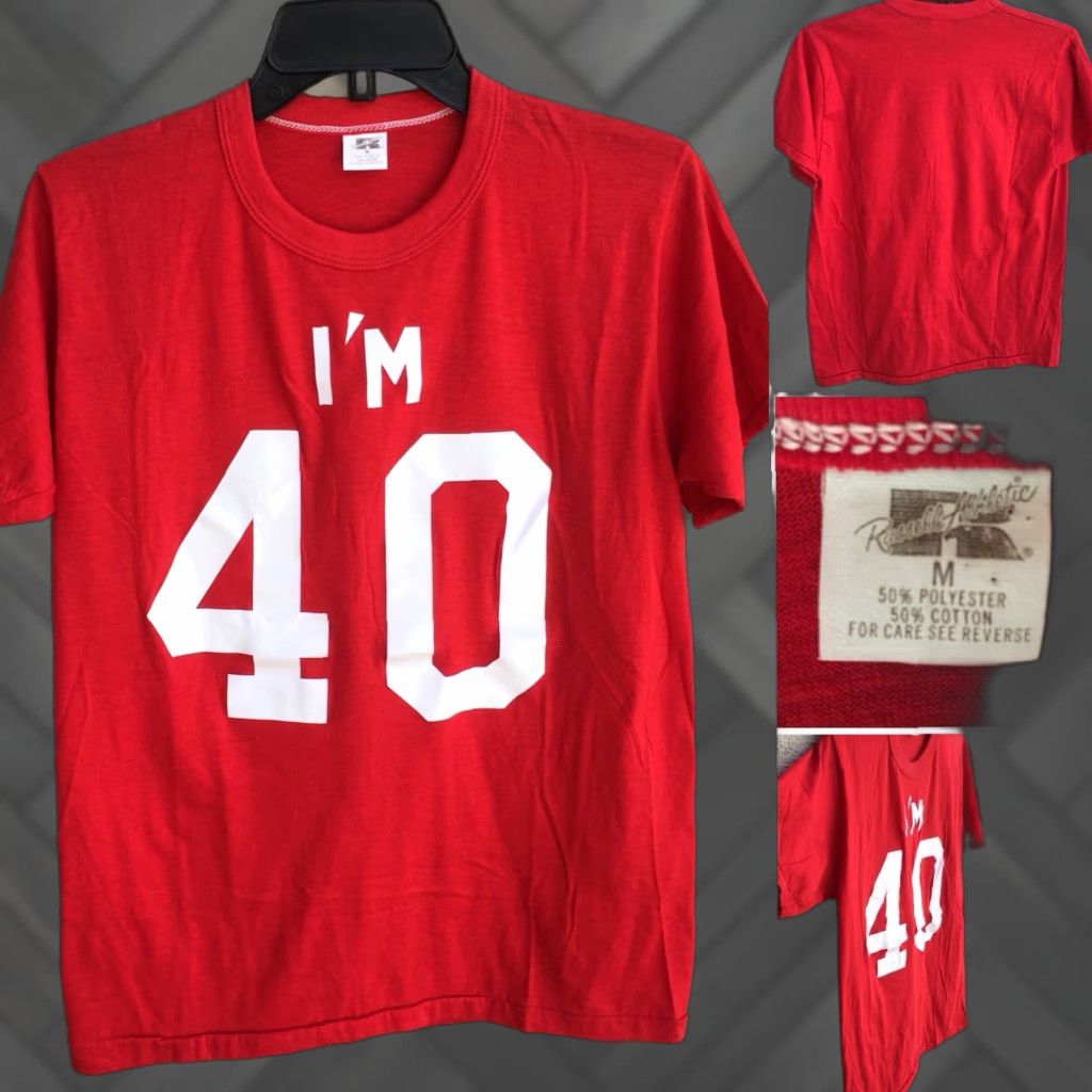 Russell Athletic VINTAGE Russell Athletic Shirt Unisex M 1970s Red 50% Polyester 50% Cotton I’M 40 T Shirt Iron On Tee Graphic Tee 70s Size US M / EU 48-50 / 2 - 1 Thumbnail