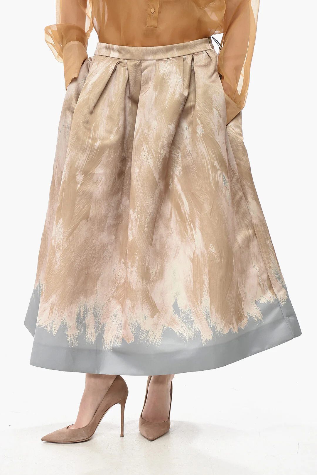 Dries Van Noten og1mm0426 Printed-Satin Flared Midi Skirt in Beige Size 30" / US 8 / IT 44 - 1 Thumbnail