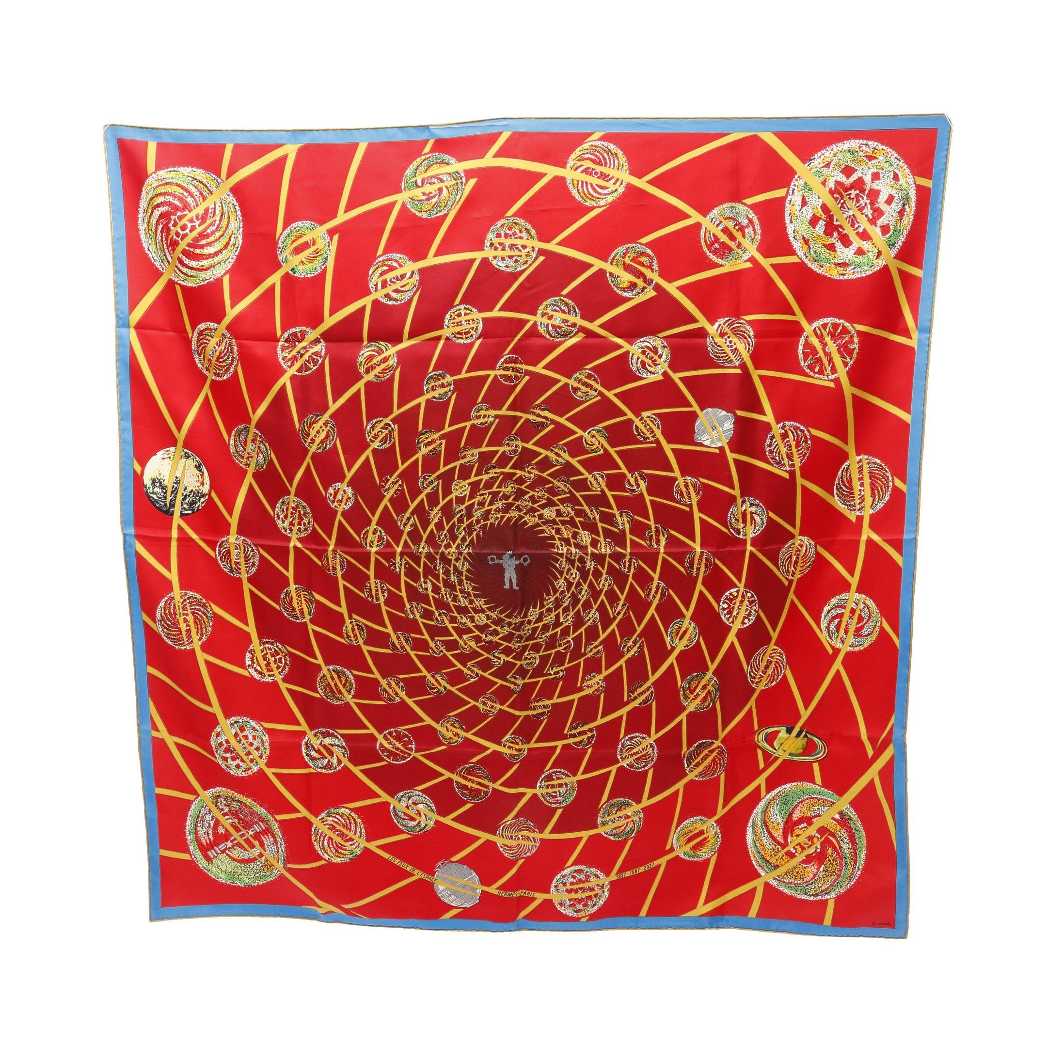 Hermes Hermes Carres 90 Les Feux De L'Espace Scarf Silk Red Multicolor Size ONE SIZE - 1 Thumbnail