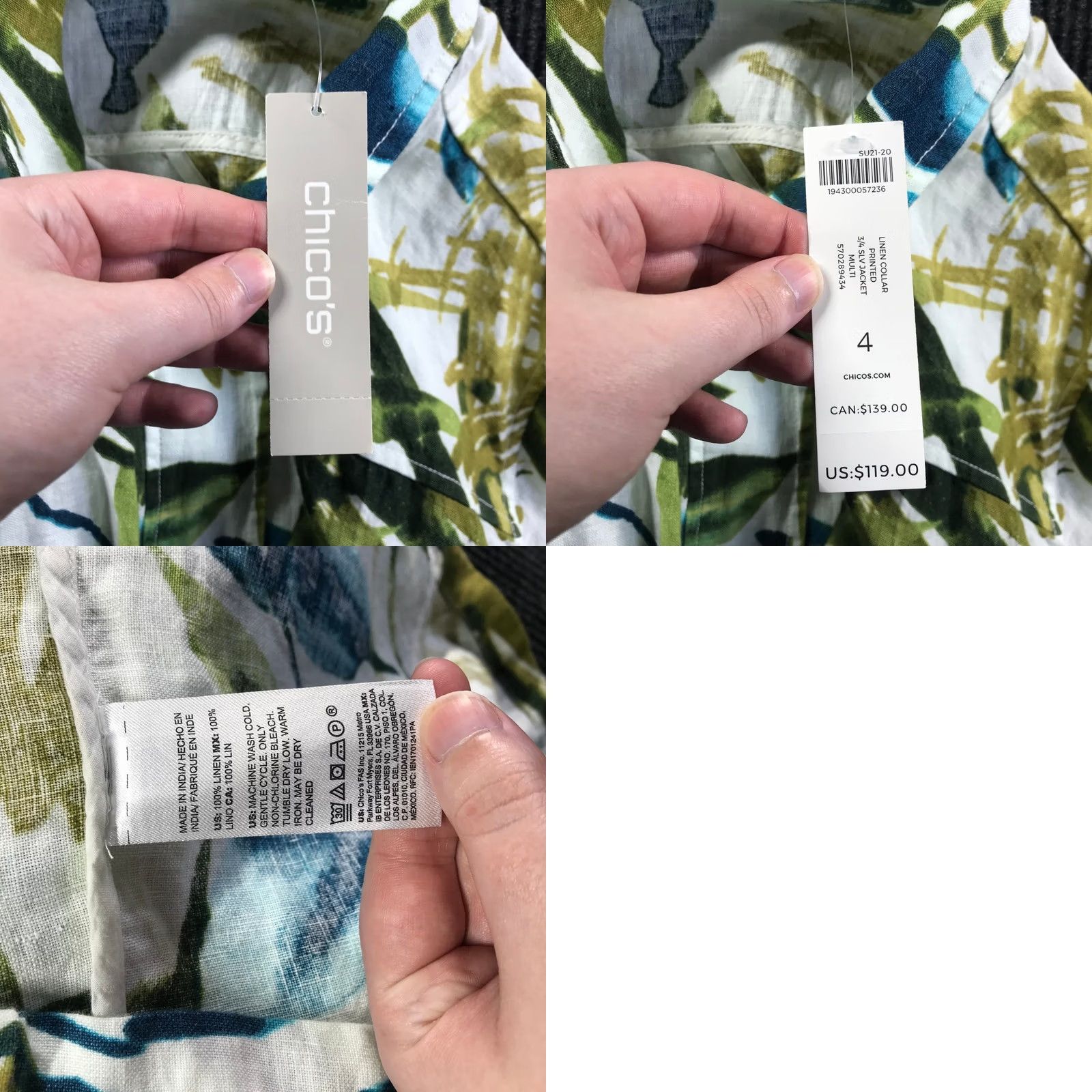 Vintage Chico's Chicos Tropical Leaf Print Linen Blend Jacket Green Blue White Sz 20W NWT Shorts Sleeve Floral Plus Size Womens Jacket Size 3XL / US 20-22 - 8 Thumbnail