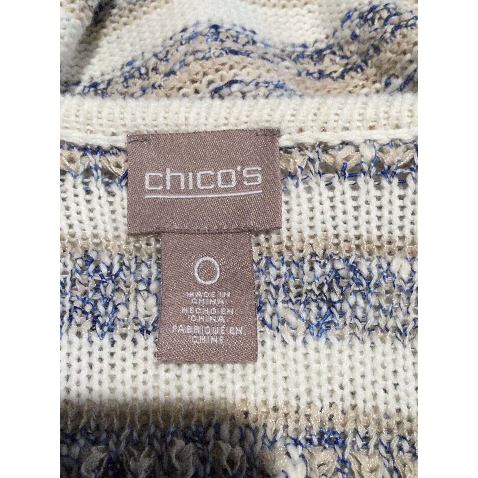 Chicos Chico's Fringe Tan Blue & White Knit Cardigan Size 0/S/4 Size S / US 4 / IT 40 - 13 Thumbnail