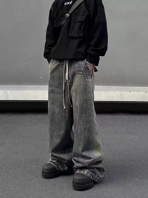 image of Retro Wash Gradient Drawstring Work Wide Leg Jeans in Dark Blue, Men's (Size 32)