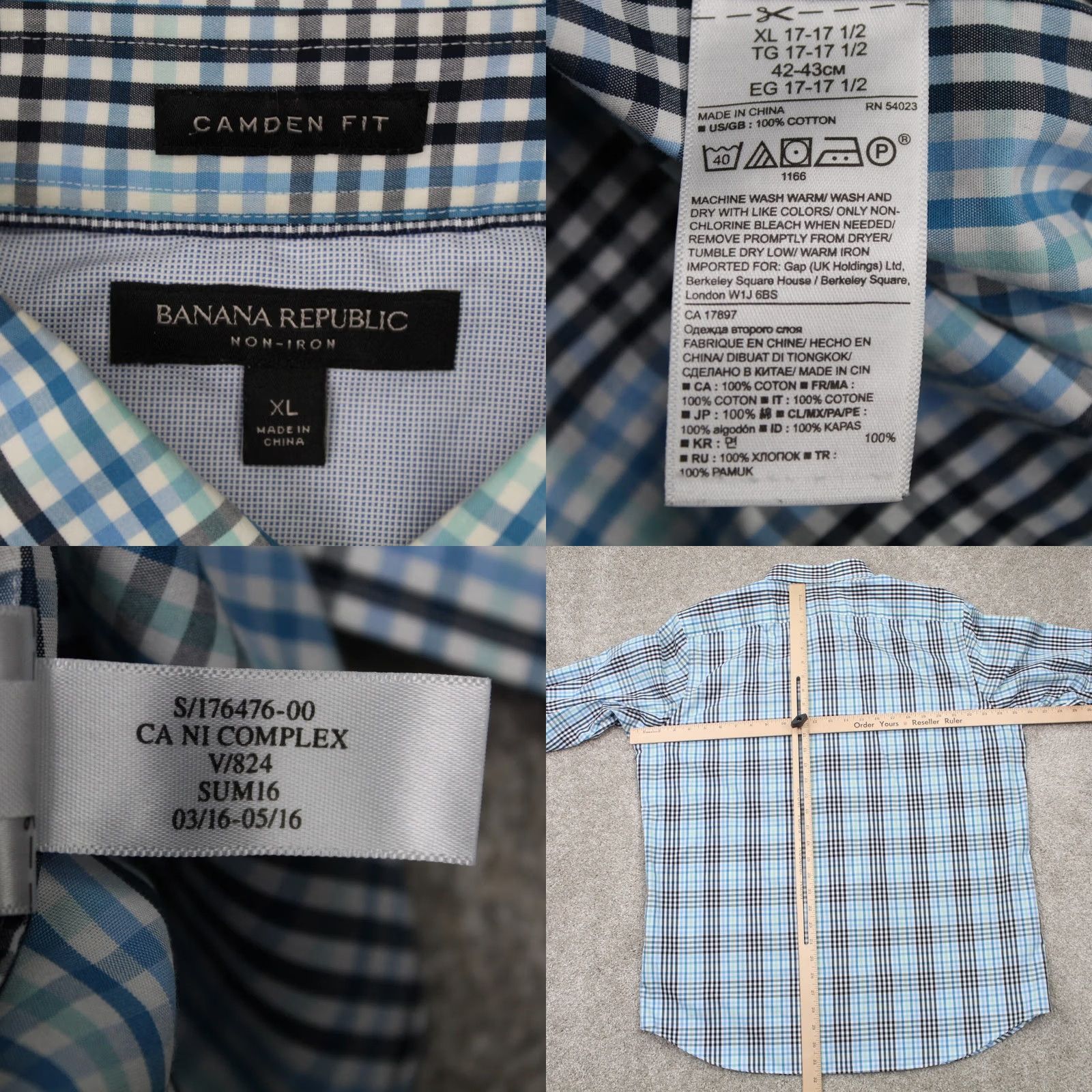 Banana Republic Banana Republic Shirt Mens XL Blue Camden Fit Non-Iron Cotton Long Sleeve Button Up Shirt-Blue White Plaid Size US XL / EU 56 / 4 - 8 Thumbnail