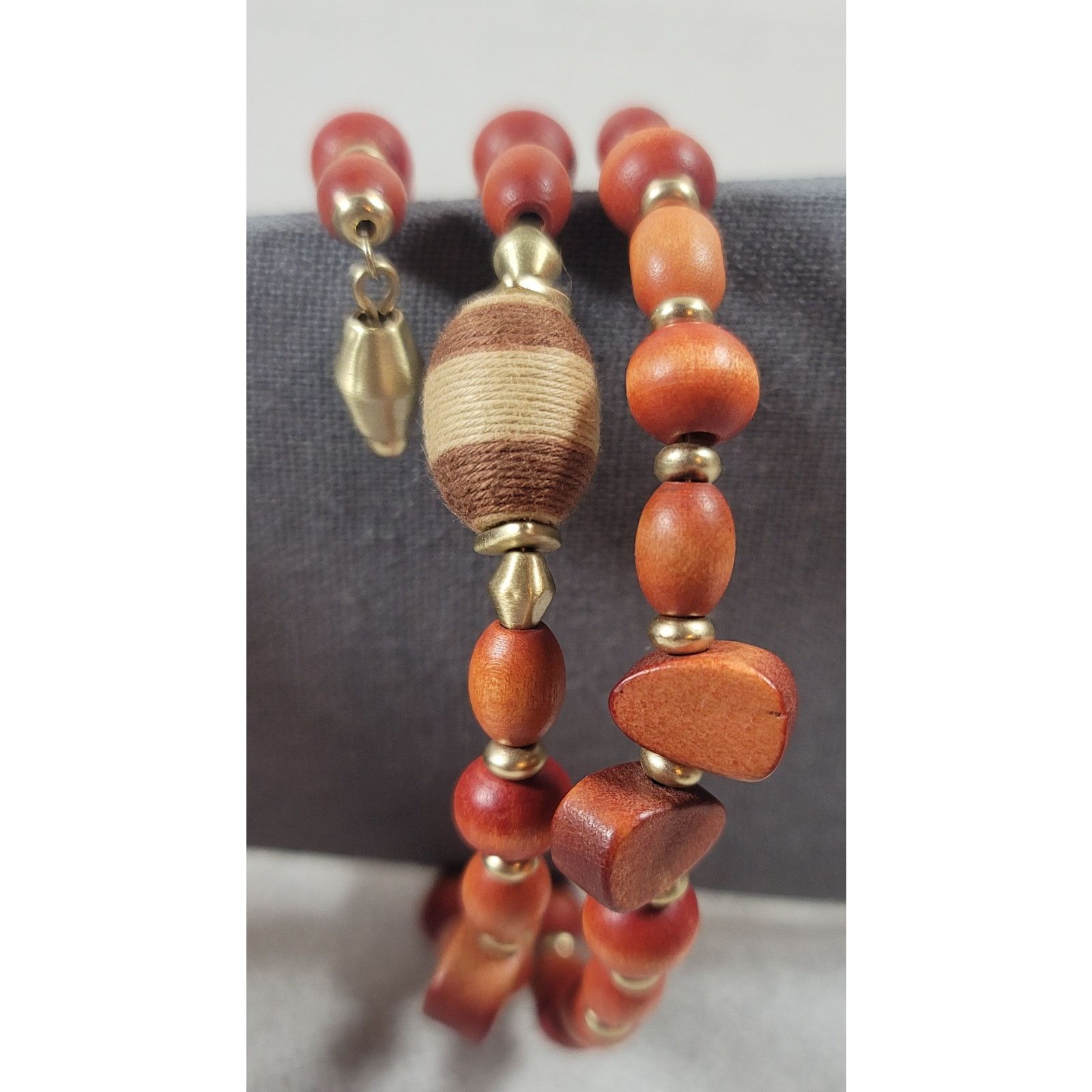Other Gold Wooden Beads 3 Ring Stretchy Bracelet 3" diameter Size ONE SIZE - 3 Thumbnail
