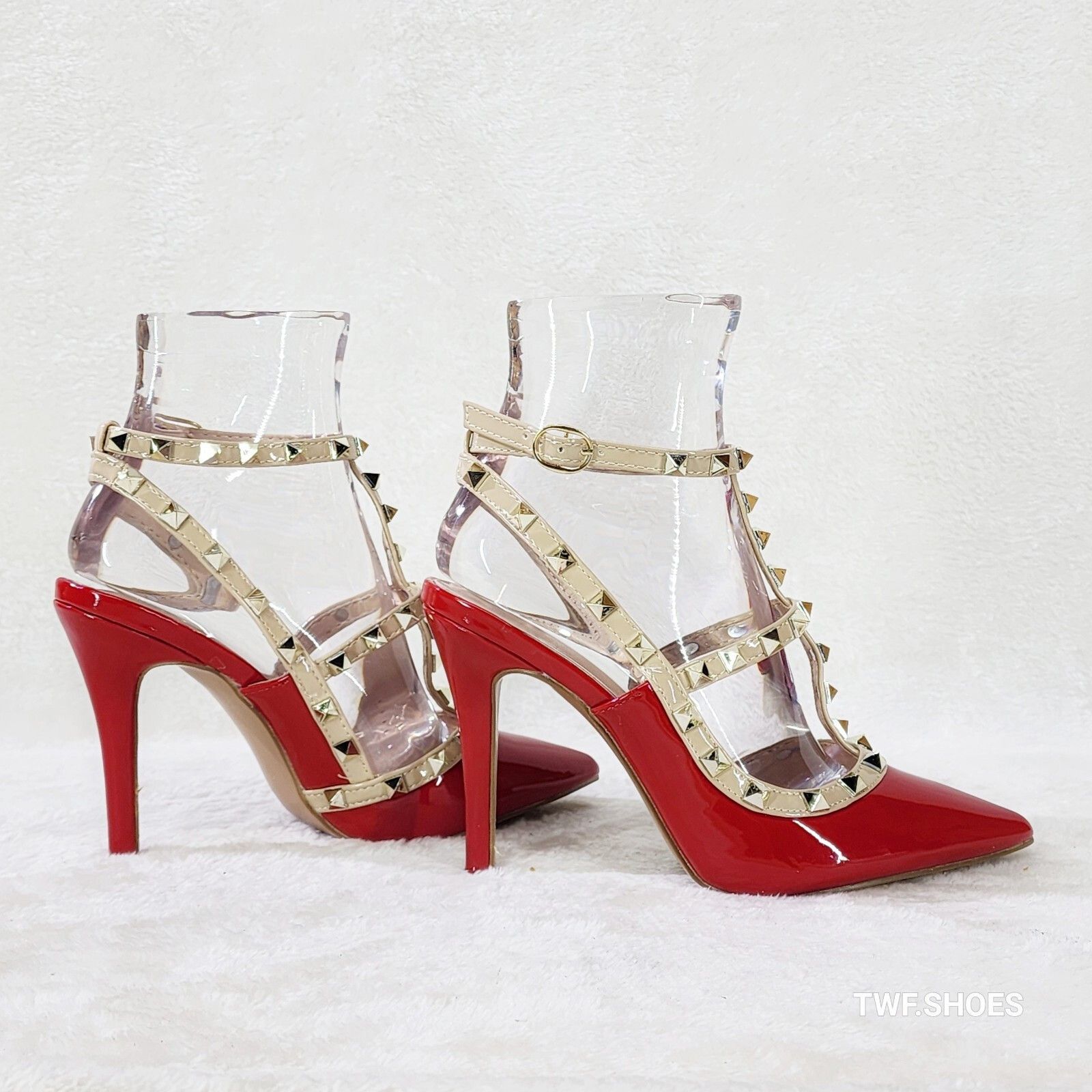 Other Caged Bright Red Studded Strappy Stiletto High Heel Shoes (C Size US 6.5 / IT 36.5 - 3 Thumbnail