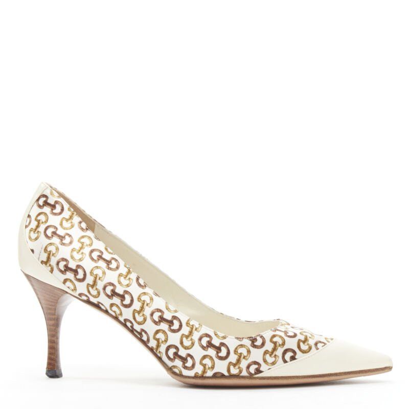 Gucci GUCCIN Vintage white leather trim brown horsebit bamboo print satin pump EU36 C Size US 6 / IT 36 - 1 Thumbnail