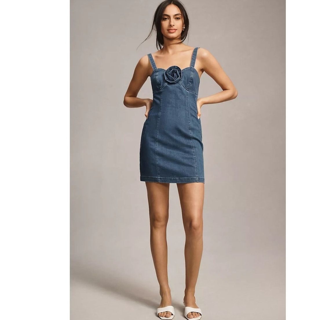 Anthropologie NWT Porridge Rosette Denim Slim Mini Dress $158 XXS Blue Size XXS / US 00 / IT 34 - 3 Thumbnail
