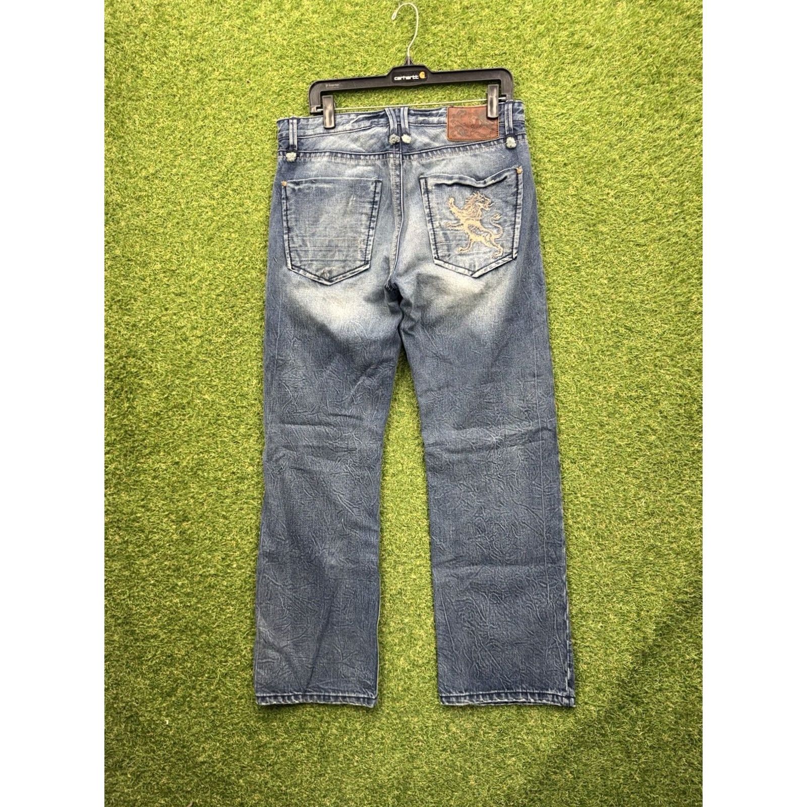 Denime KING OF PRIDES Jeans Mens 32x32 Blue Bootcut Denim 90s Lion Dragon Logo Distressed Pockets Regular Rise Mid 32 in Inseam Bottoms Men Size US 32 / EU 48 - 2 Thumbnail