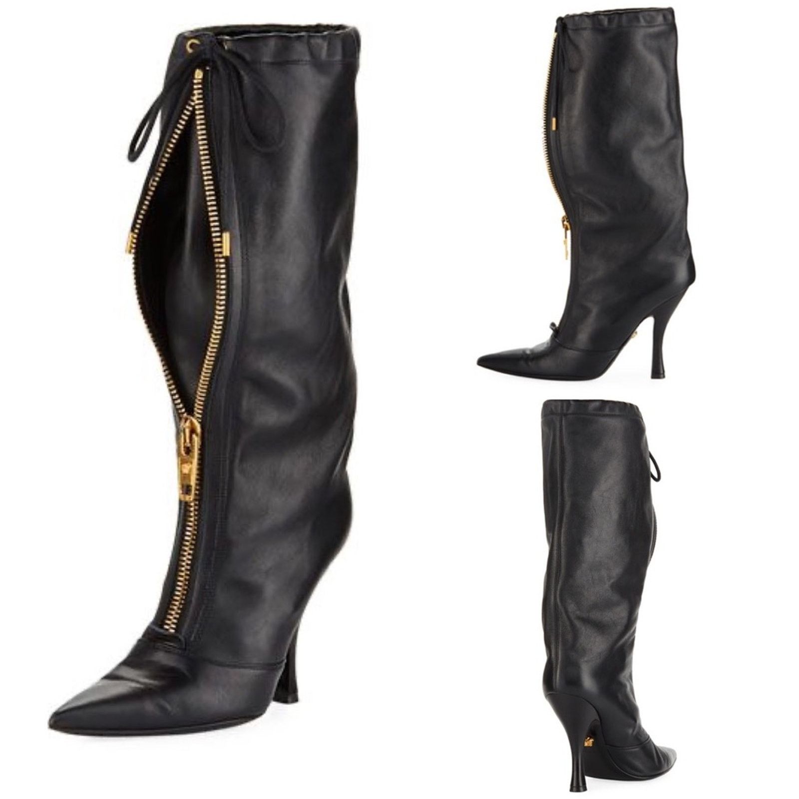 Versace Versace Black Slouchy Runway Zippered Boots With Tie Closure Size US 6 / IT 36 - 11 Thumbnail