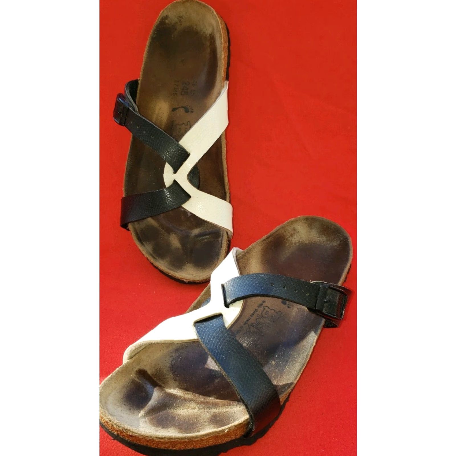 Vintage Berki's Slide Footbed Strappy Sandals Women's 7M Black White Crossover Straps Buckle Corkbed Insole Adjustable Footbed Casual Size US 8 / IT 38 - 2 Thumbnail