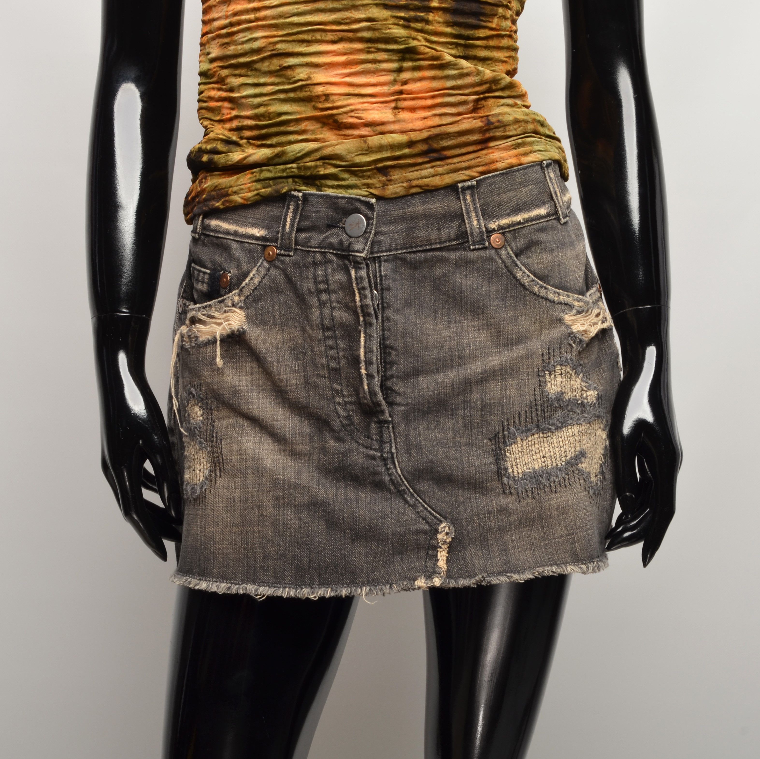 Allsaints Mini Denim Grunge Distressed Skirt