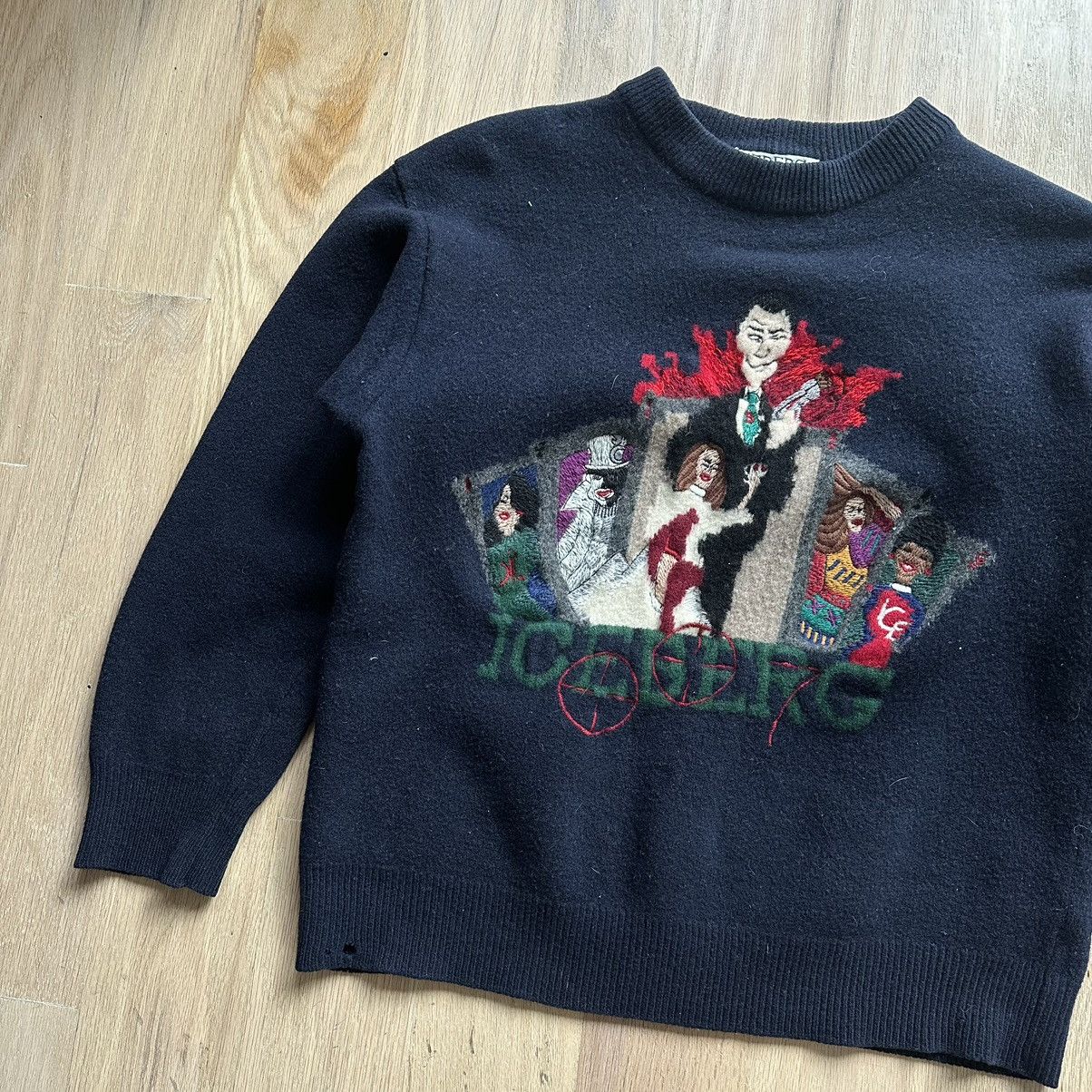 image of Icecream Vintage Iceberg James Bond Embroidered Pullover Sweater in Navy, Men's (Size Small)