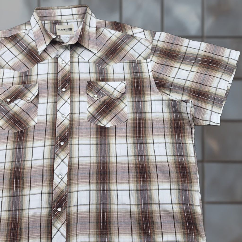 Vintage VTG Rustler Pearl Snap Shirt Mens 2XL Brown Plaid Short Sleeve Western Cowboy Shirt Size US XXL / EU 58 / 5 - 1 Thumbnail