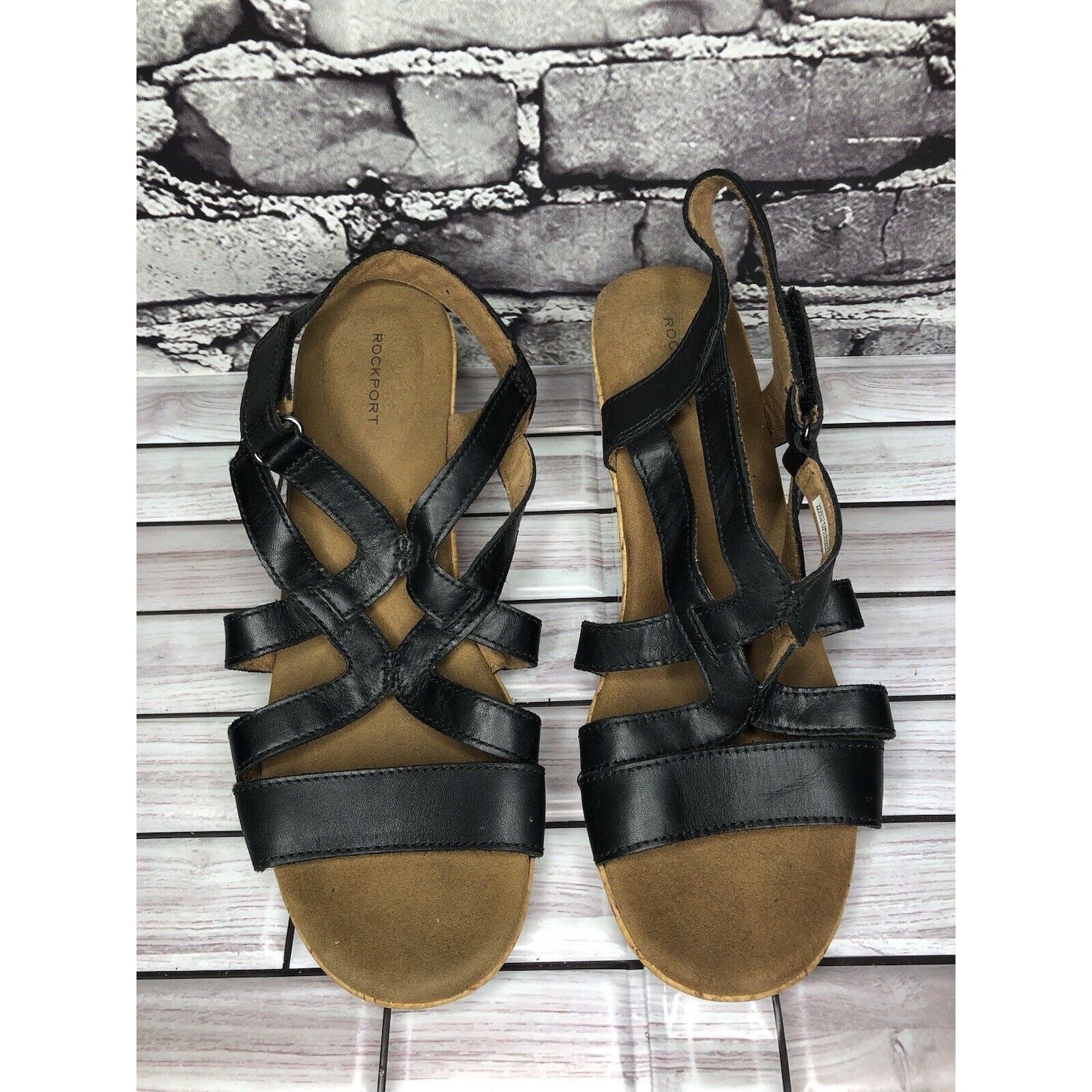 Rockport Rockport Black Leather Casual Cork Wedge Strappy Sandals Wom Size US 8.5 / IT 38.5 - 22 Thumbnail