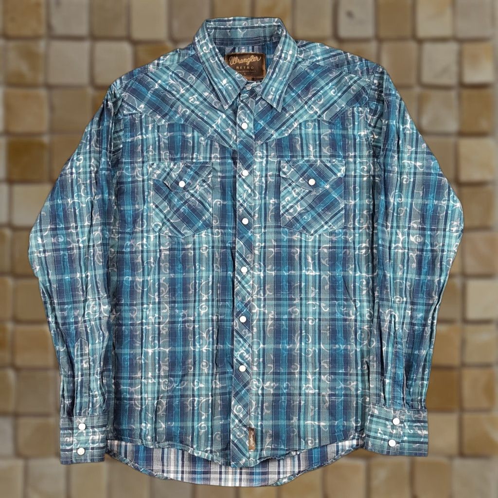 Wrangler VINTAGE Wrangler Western Pearl Snap Cowboy Shirt Men's Large Southwestern Button-Up Plaid Cotton Blue 90s Workwear Mens Size US L / EU 52-54 / 3 - 1 Thumbnail