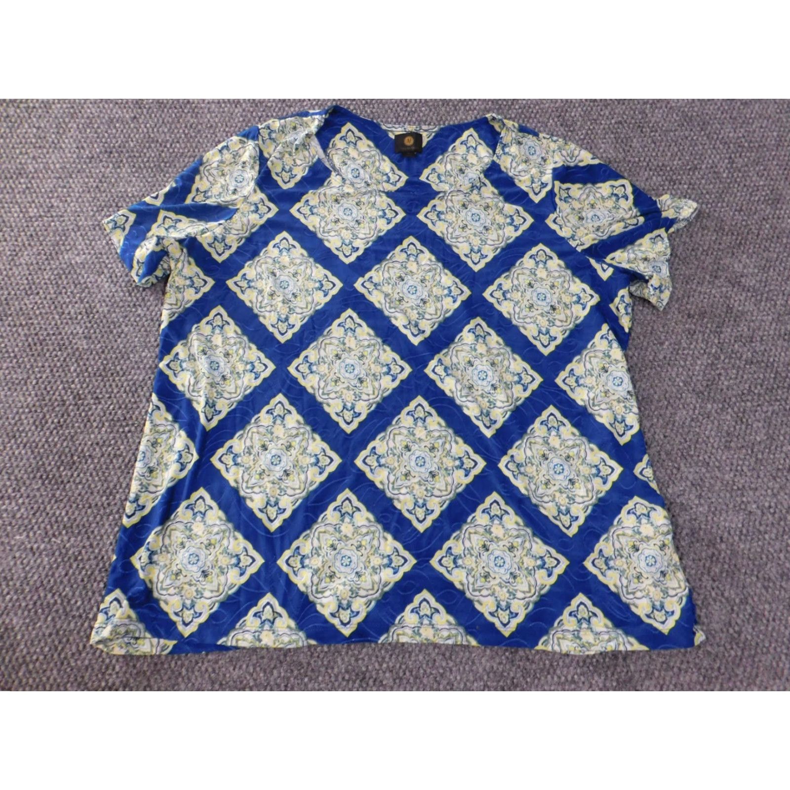JM Collection JM Collection Blouse 2X Womens Blue Geometric Floral Stretch Knit Crew Neck Pullover Casual Shirt Top Polyester Plus Size Obvious Designer Style Size XXL / US 16-18 / IT 52-54 - 4 Thumbnail