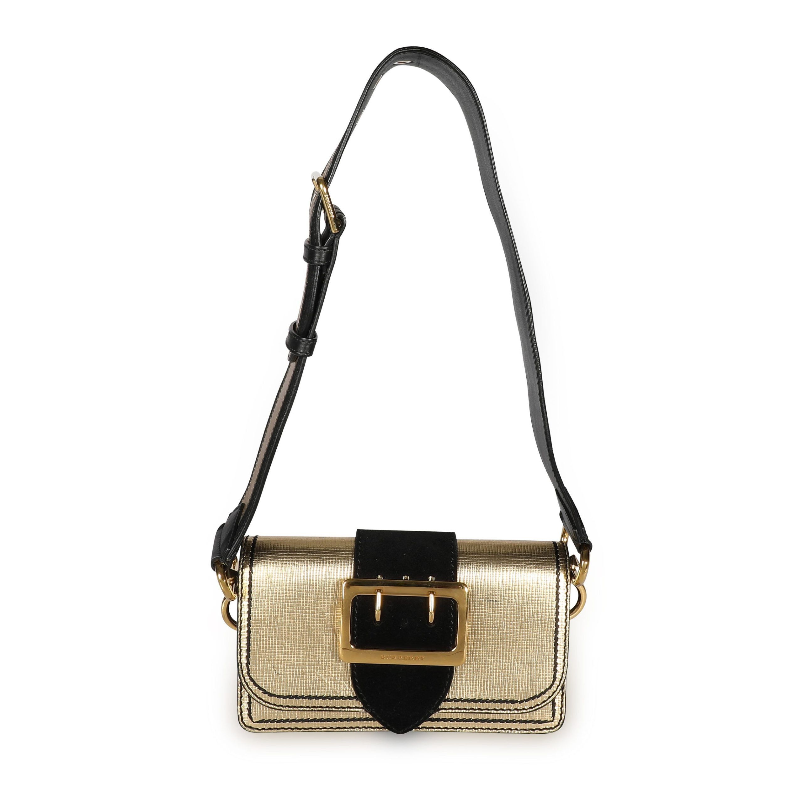 image of Burberry Gold Metallic Leather & Black Suede Madison Convertible Bag, Women's