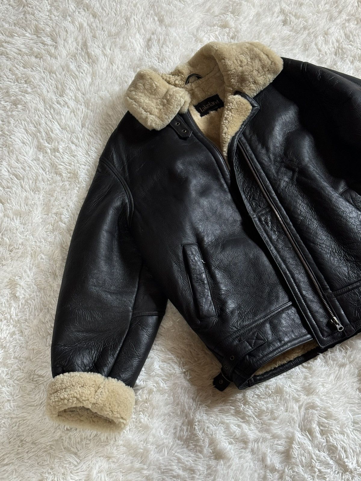 Japanese Brand Lakeland black leather shearling wool aviator jacket Size US L / EU 52-54 / 3 - 6 Thumbnail