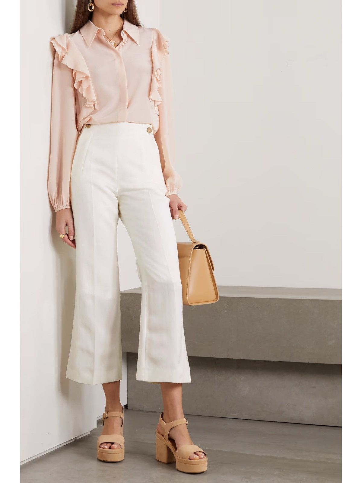 Chloe Chloé Cropped Wool Linen Blend Flared Palazzo Wide Leg Pant Size 28" / US 6 / IT 42 - 4 Thumbnail