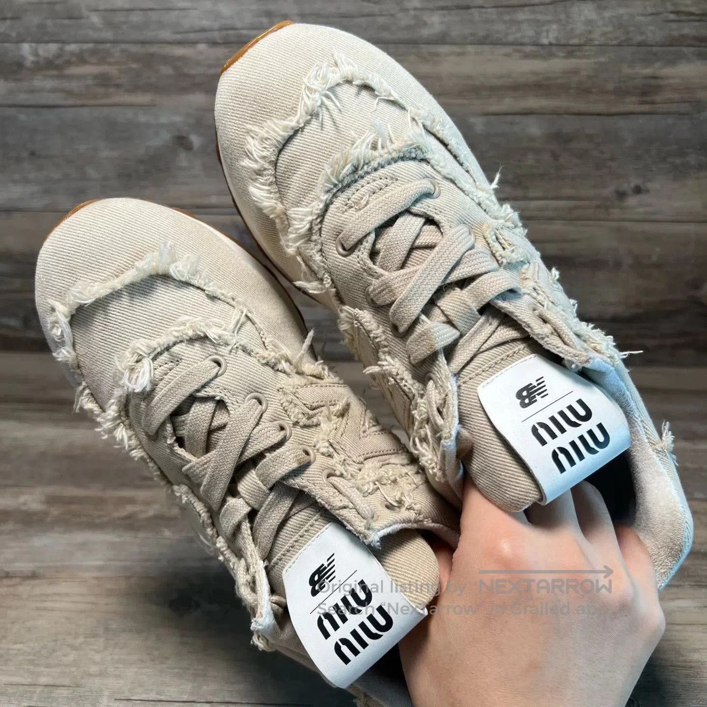 Miu Miu Beige Frayed Detail Low-Top Sneakers Size 8. Size US 8 / EU 41 - 5 Thumbnail