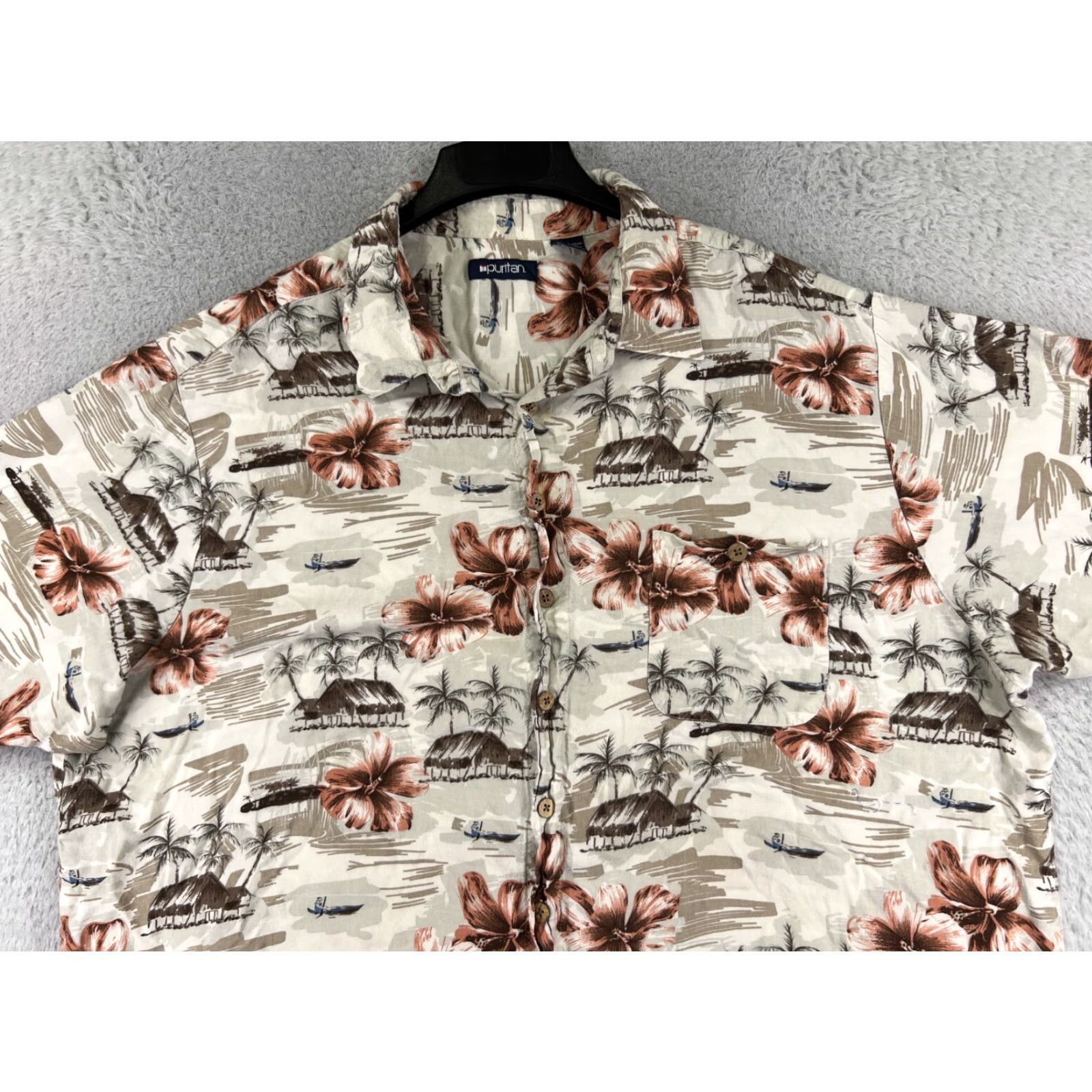 Vintage Puritan Shirt Adult 3XL Beige Floral Palm Island Rayon Hawaiian Button Shirt (Men) Size US XXL / EU 58 / 5 - 4 Thumbnail