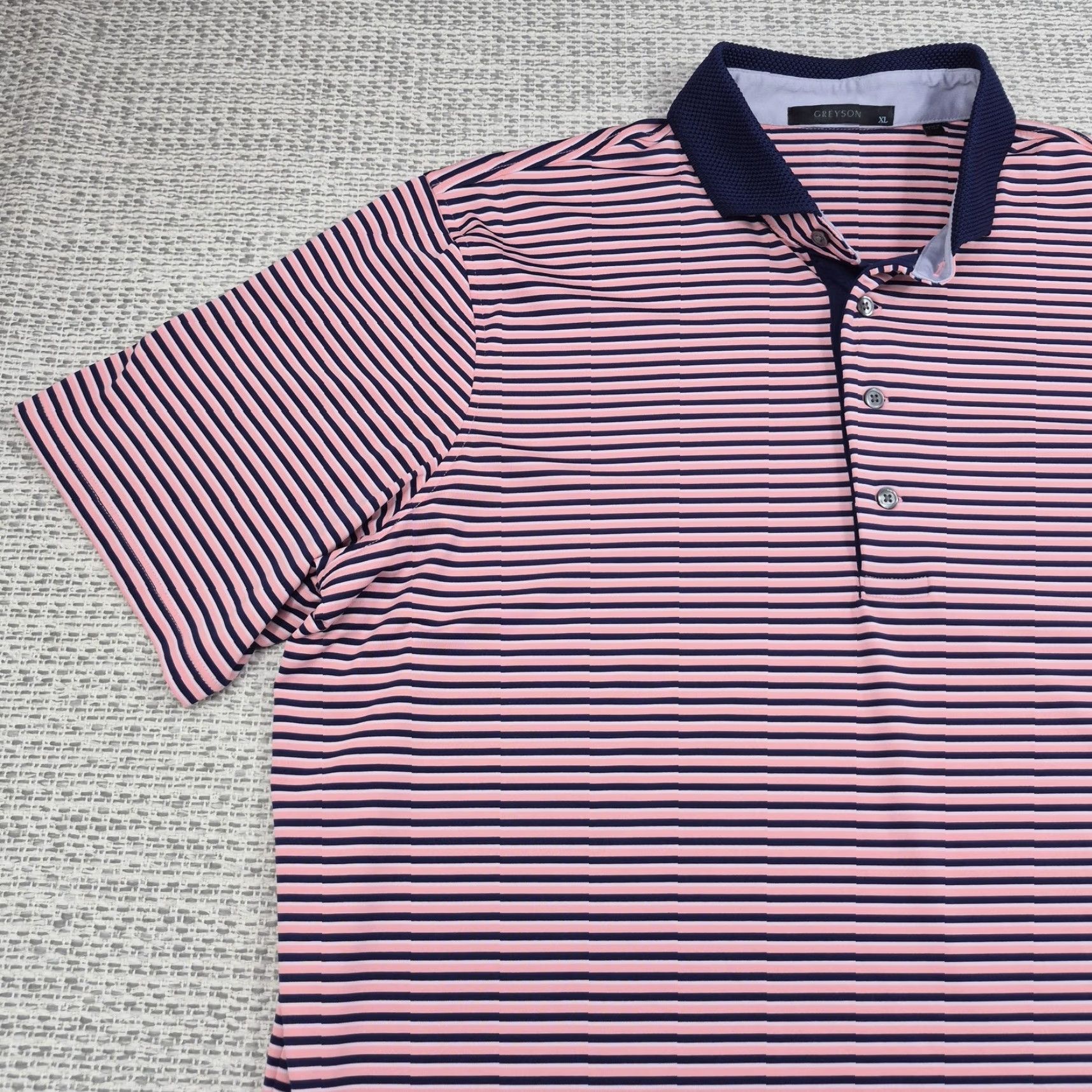 Vintage Greyson Polo Shirt Mens XL Pink Navy Stripe Knit Short Sleeve Golf Performance Size US XL / EU 56 / 4 - 3 Thumbnail