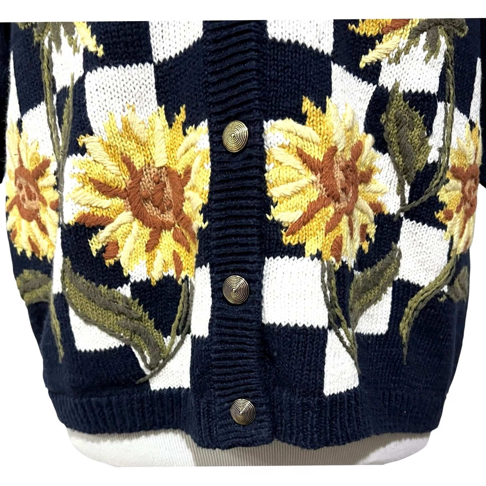 LE CIEL BLEU VINTAGE Sunflowers Navy Blue Gold Buttons Cardigan Sweater 90s Women’s Large L Crew Neck Floral Short Sleeve Size L / US 10 / IT 46 - 4 Thumbnail