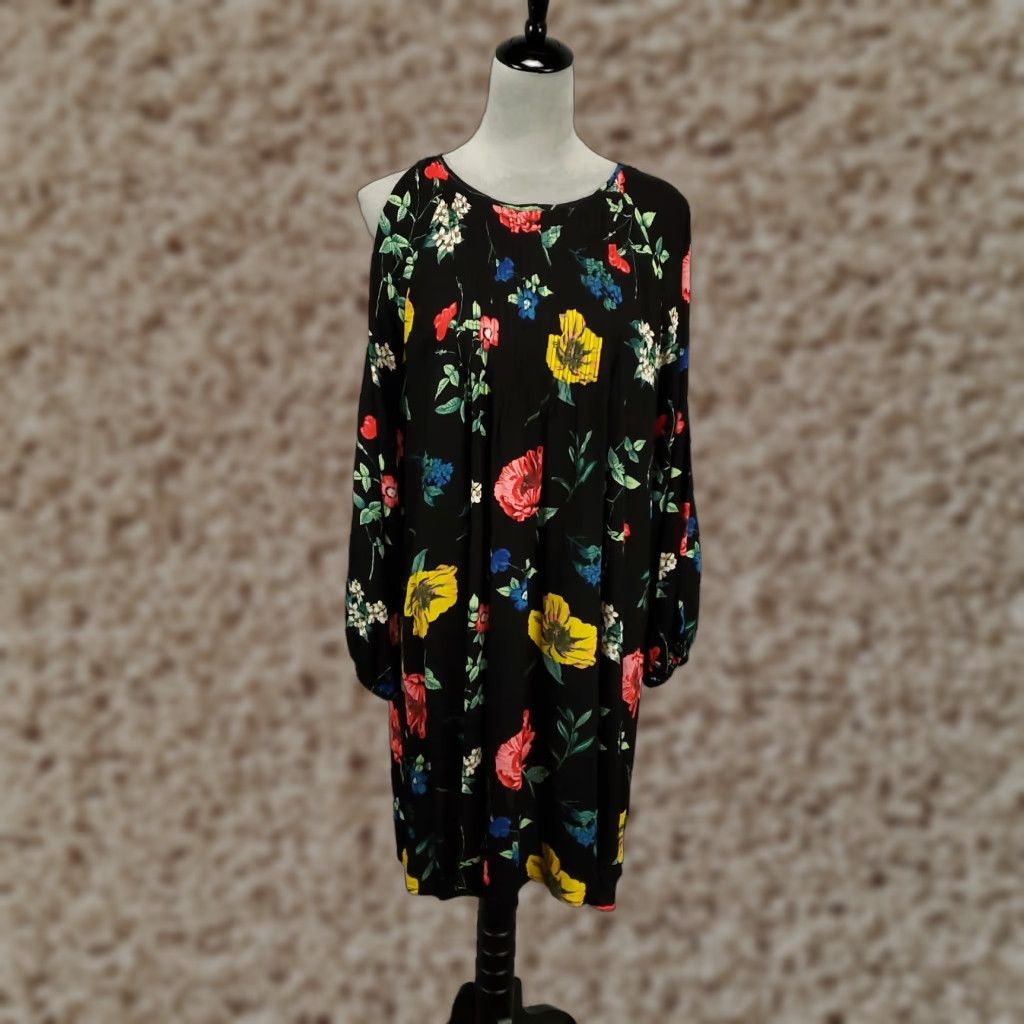 Old Navy Old Navy Dress Womens Large Black Floral Cold Shoulder Sleeve Knee Length A-Line Shift dress Size L / US 10 / IT 46 - 1 Thumbnail