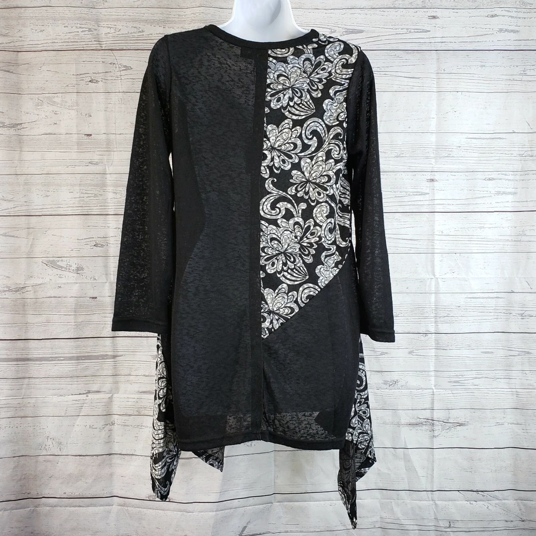 Vintage Pretty Angel Womens Tunic Top XS Black Linen Blend Asymmetrical Hem Floral Blouse | Pullover Long Sleeve Regular Size S Small Ladies Womens Size S / US 4 / IT 40 - 3 Thumbnail