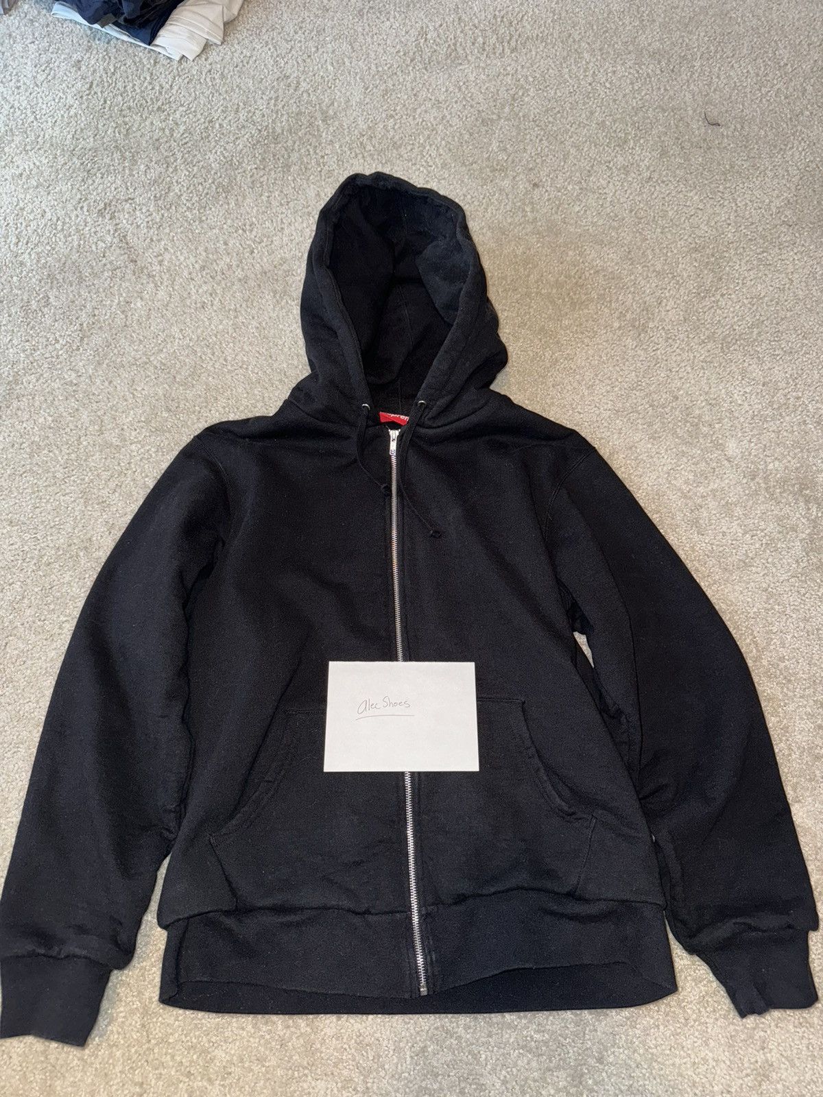 image of Supreme Script Zip-Up Hoodie in Black, Men's (Size Large)