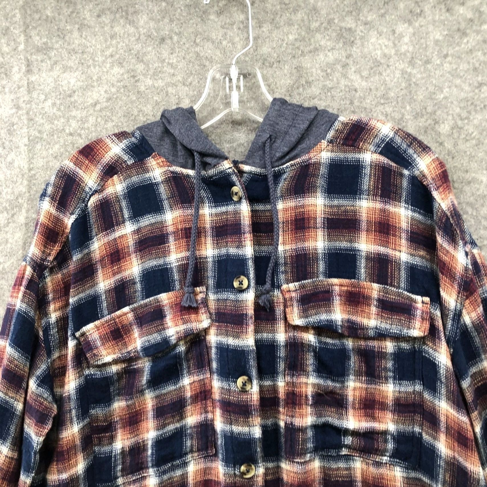 Kohl's NWT Kohl's So Boyfriend Hooded Flannel Shirt Womens Juniors M Blue Relaxed Shirt Size M / US 6-8 / IT 42-44 - 3 Thumbnail