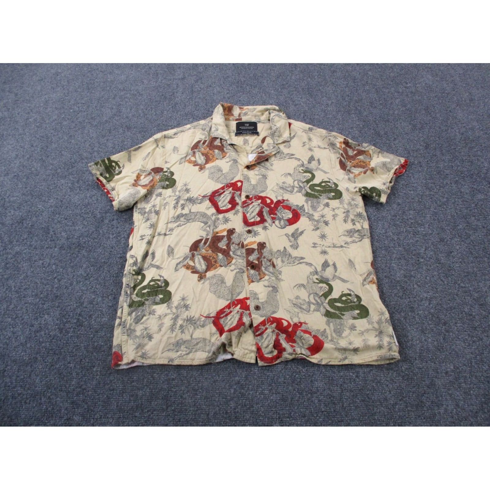 Scotch & Soda VINTAGE Scotch Soda Shirt Mens L Viscose Hawaiian Snake Bird Print Loose Beach Bonjour Beige Size US L / EU 52-54 / 3 - 2 Thumbnail
