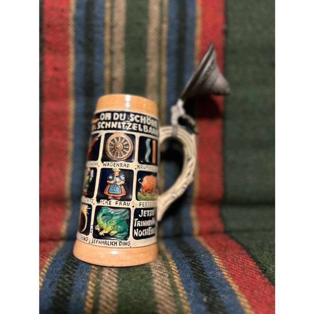 The Unbranded Brand 2 Large 20th Century German Ceramic Beer SteinwithPewter Lid Size ONE SIZE - 2 Thumbnail