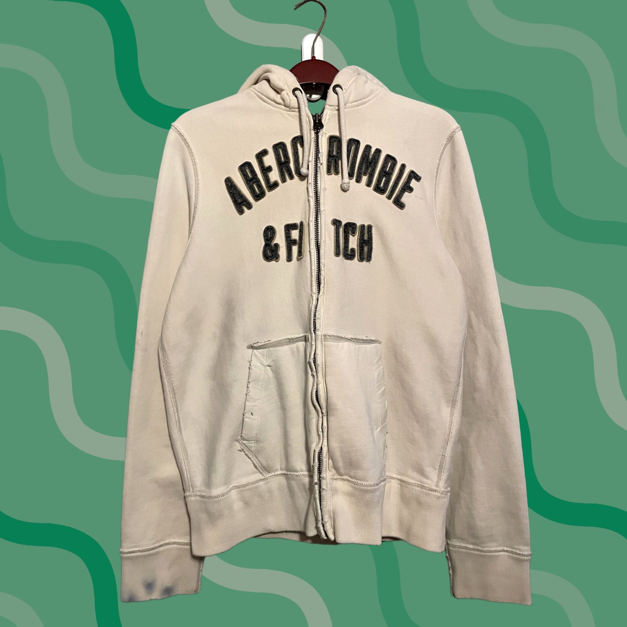 Abercrombie & Fitch VINTAGE Abercrombie & Fitch Full Zip Hoodie Men's L Beige Embroidered 90s Classic Preppy Heavyweight Hooded Pockets Size US L / EU 52-54 / 3 - 1 Thumbnail