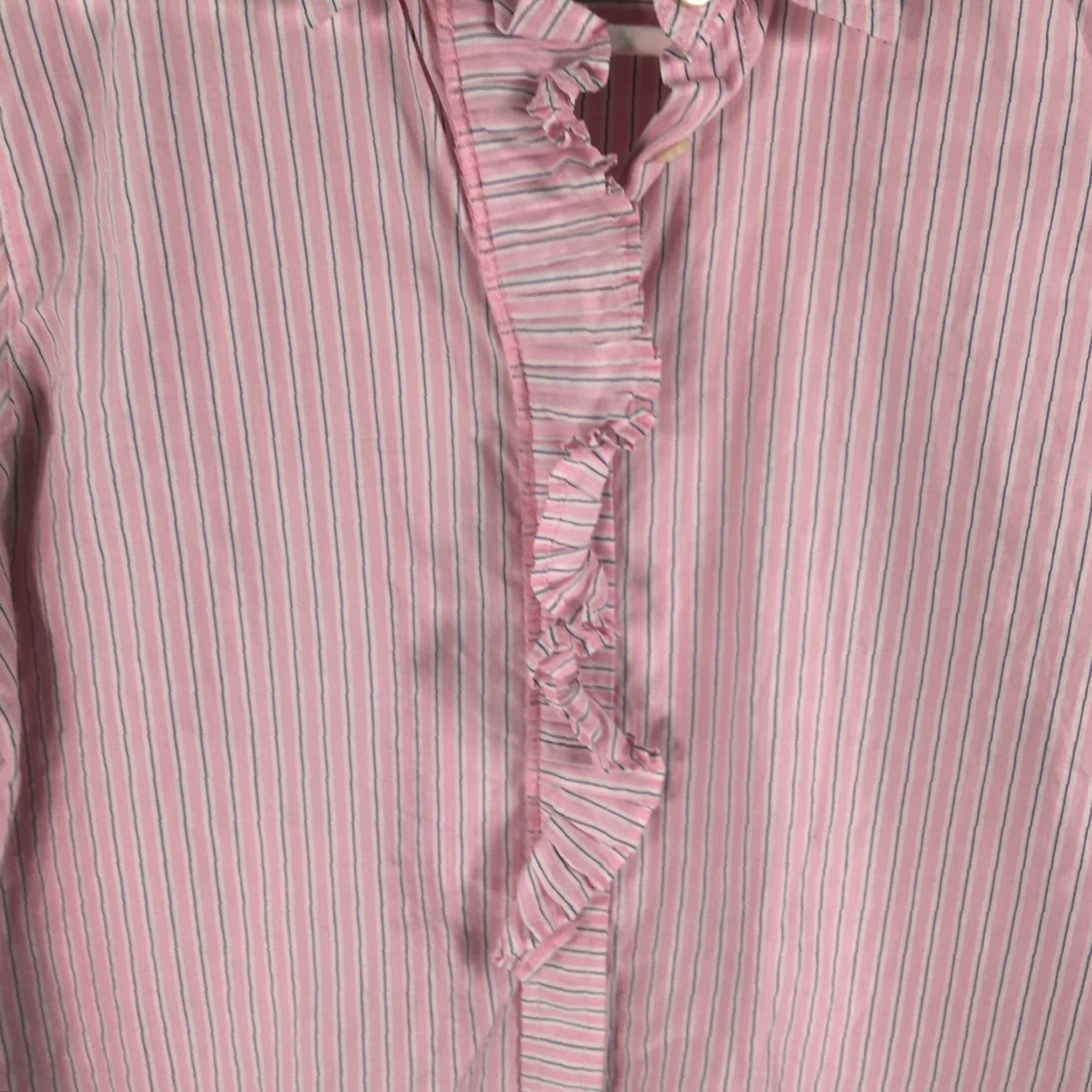 Gap VINTAGE Gap Shirt Womens M Pink Striped Ruffle Front Button Down 1990s Casual Womens Small Ruffle Button-Up Blouse Size M / US 6-8 / IT 42-44 - 3 Thumbnail