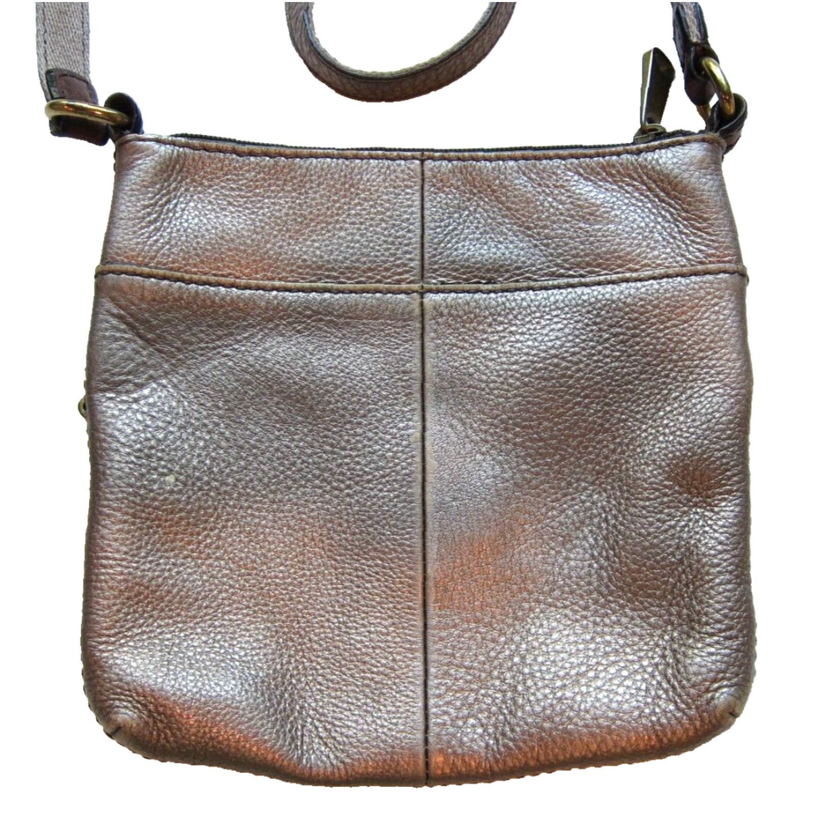 Fossil Fossil Gold Bronze 100% Leather Crossbody Satchel Purse Bag Small Zipper Pocket Handbag Size ONE SIZE - 4 Thumbnail