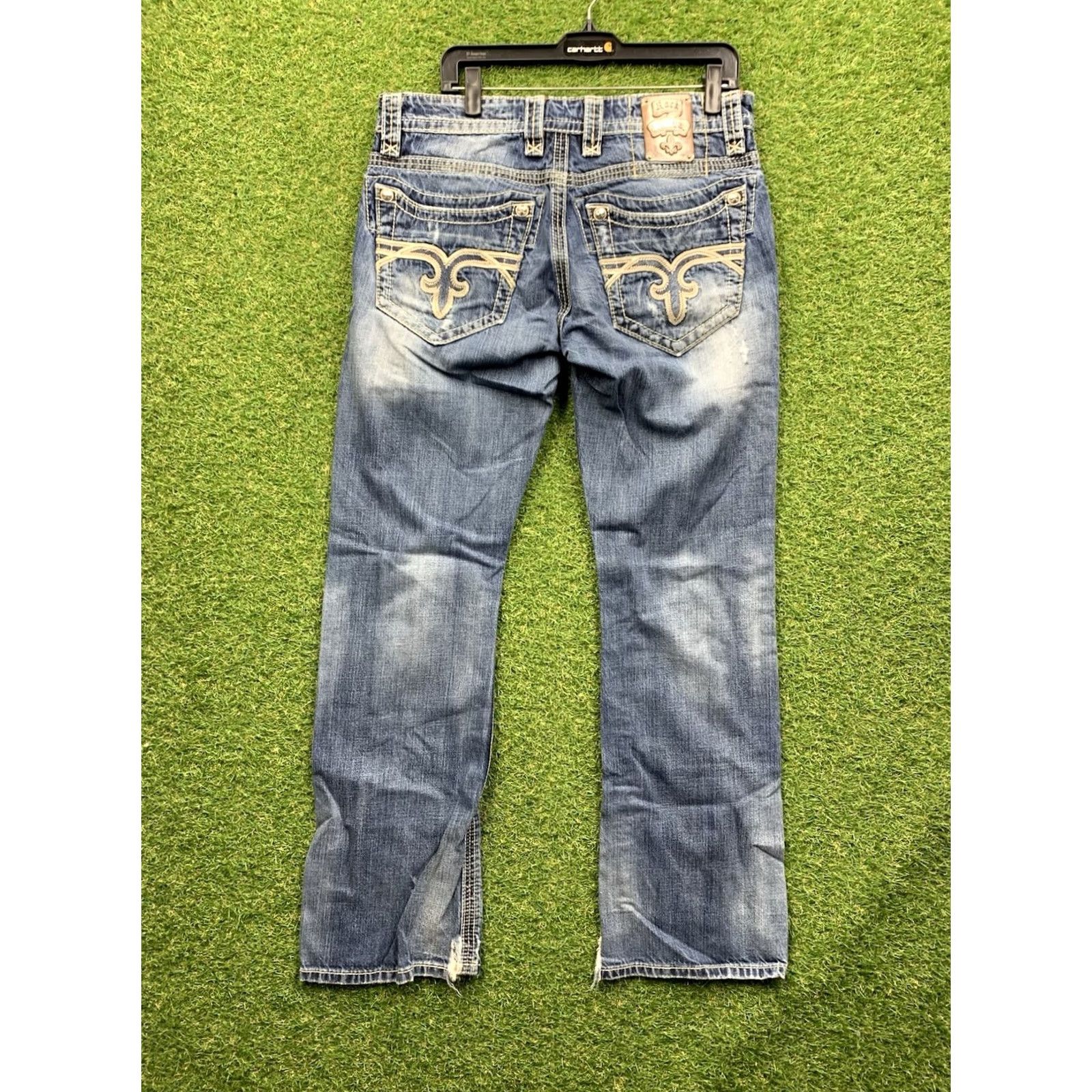 Vintage Rock Revival Jeans Men 33 Bootcut Medium Wash Distressed 5-Pocket Denim Blue Rock Grunge Biker 2000s Mens Size US 33 - 2 Thumbnail