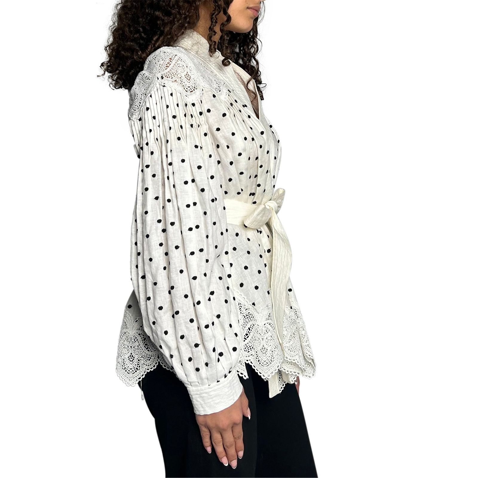 Zimmermann White and Black Polka Dot Wrap Blouse with Lace Size S / US 4 / IT 40 - 4 Thumbnail